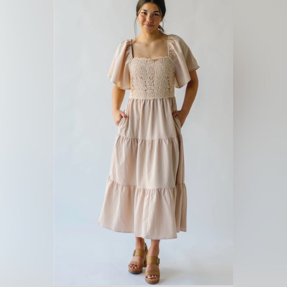 The Byrum Crochet Tiered Midi Dress in Natural with Pockets Small